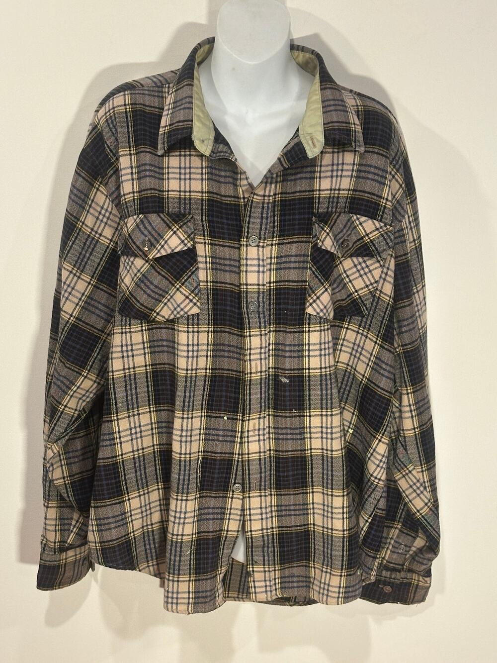 Vintage 90s Pine Grove Plaid Heavy Flannel Overshirt Blue Yellow Distressed L